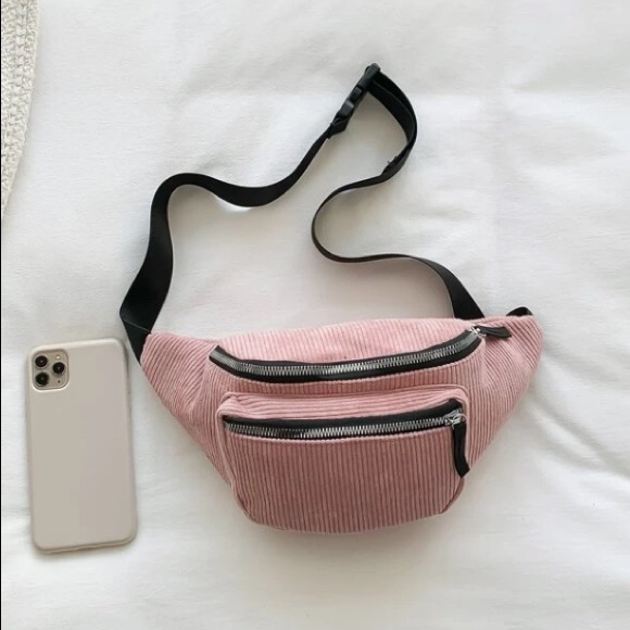 💙 Women's Pink Double Zip Front Pockets Corduroy Adjustable Strap Fanny Pack - Picture 4 of 8